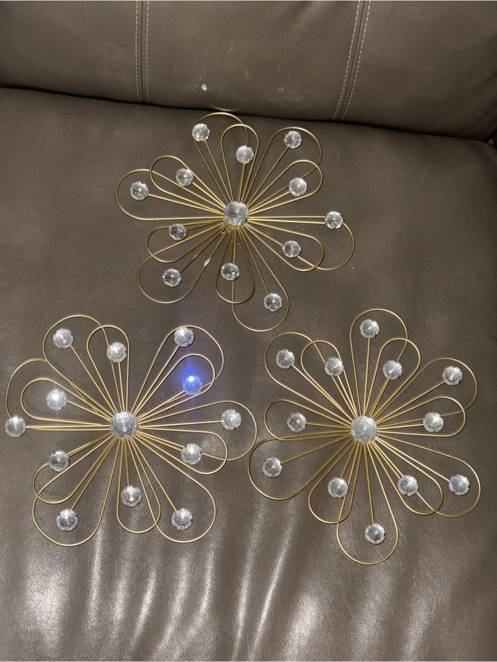 Gold Floral Metal Wall Decor with Faceted Crystal Accents - Set of 3